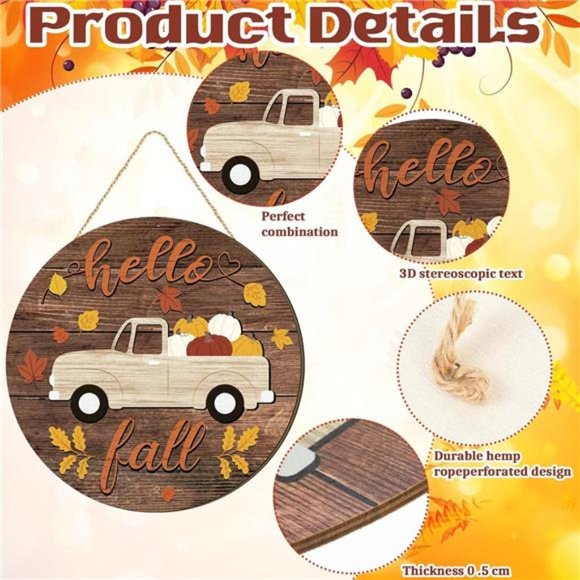 Hello Fall Wooden Sign Pumpkin Welcome Sign Truck Sign Hanging Carrying Pumpkin - Picture 3 of 6